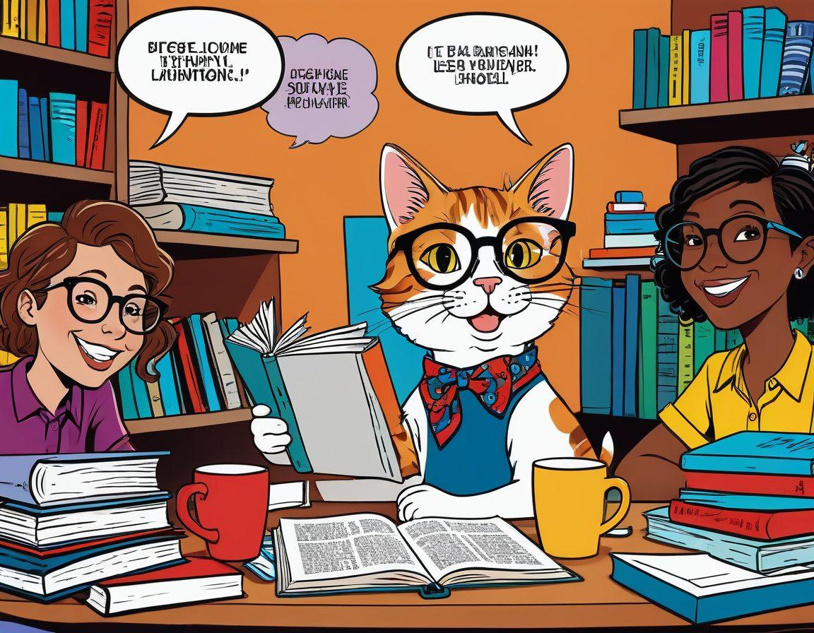 A whimsical cartoon scene depicting a group of nerdy friends sharing funny stories around a table filled with coffee mugs, quirky gadgets, and comic books. The characters should be diverse, wearing colorful geek attire, with exaggerated facial expressions showcasing laughter and joy. Include playful elements like a floating speech bubble with a punchline and a cat wearing glasses peeking from behind the books. The background should be cheerful and vibrant, reflecting a lighthearted atmosphere. vibrant colors. cartoon style.