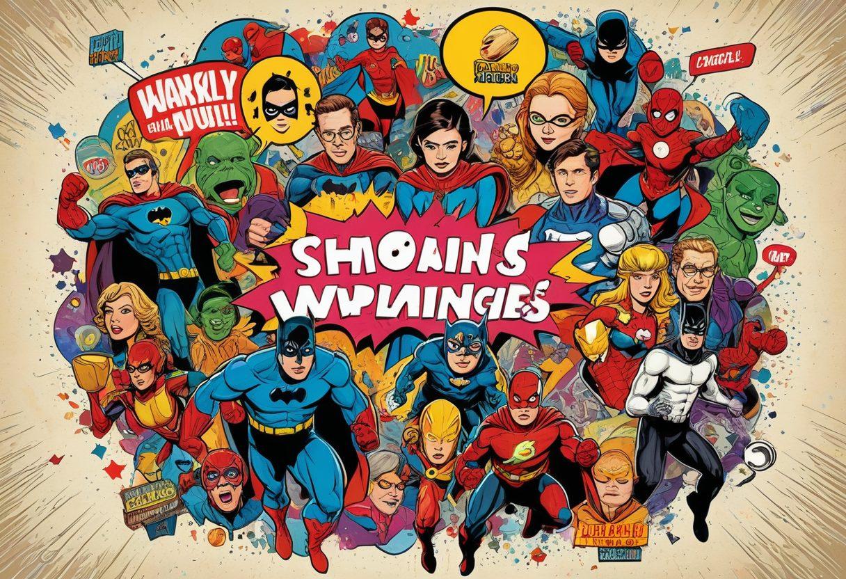 A colorful collage of classic geeky memes and puns, featuring iconic characters like superheroes, video game avatars, and funny internet catchphrases. The background should be a burst of vibrant colors that evoke joy and laughter, with speech bubbles illustrating witty one-liners. Include elements like pixelated graphics and retro comic book styles for a nostalgic touch. cartoonish. bright colors. dynamic composition.
