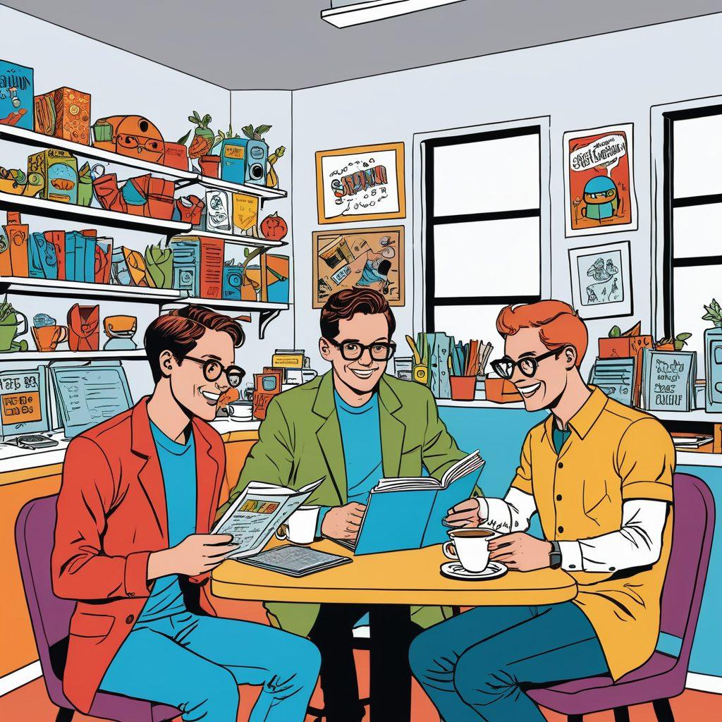 A whimsical cartoon-style illustration featuring a variety of nerdy characters, such as a bespectacled scientist, a superhero with a comic book, and a robot, all sharing jokes in a lively coffee shop filled with comic strips and gadgets. The scene should exude an atmosphere of laughter and creativity, with speech bubbles containing witty one-liners. The colors should be vibrant and playful, bringing a sense of fun and geek culture to life. cartoon art. vibrant colors. white background.
